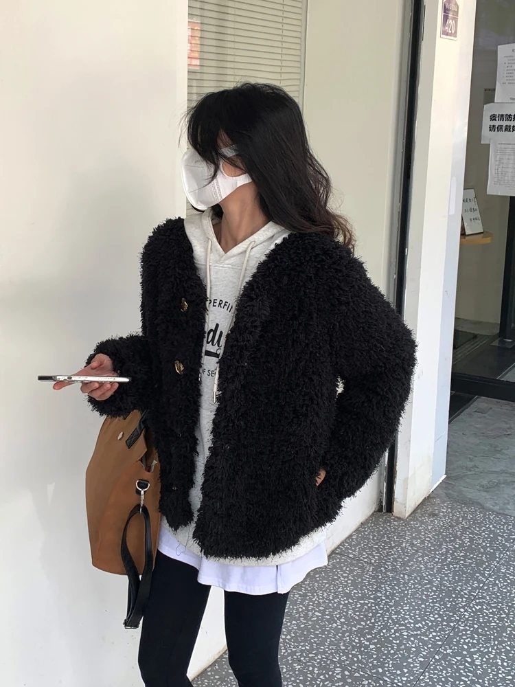 New Lazy Style Autumn All-Matching Loose Black Tassel Furry Coat Women's Single-breasted Environmental Fur Short Jacket