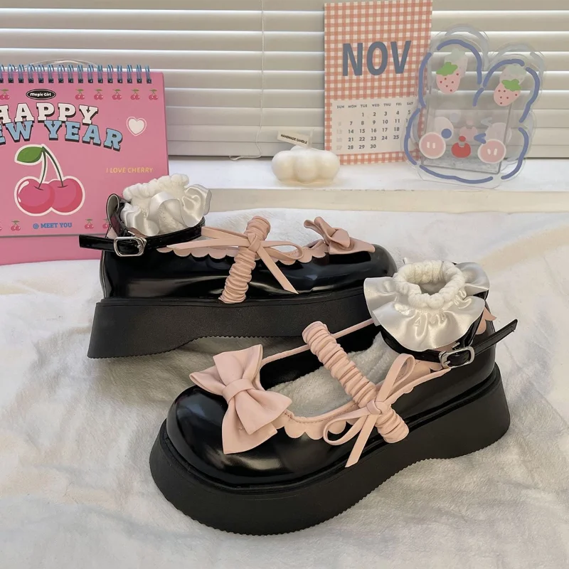 SHANPA Original Pink Bow Mary Janes Cute Lolita Shoes for Women New In 2023 All-match Leisure Student Shoes Zapatillas Mujer
