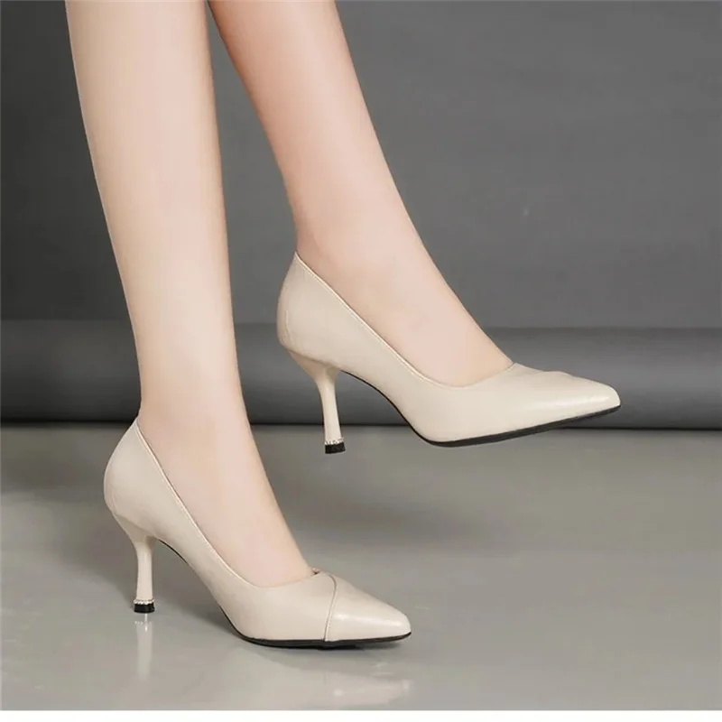 

Women Fashion Sweet Beige Pointed Toe High Quality Slip on Stiletto Heels Lady Casual Black Street Party Shoes Zapatos Dama C291