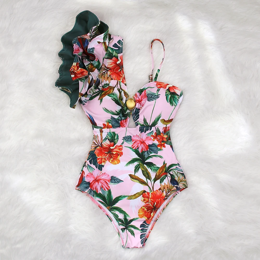 

One Piece Swimsuit 2023 New Ruffle Swimwear Women Tropical Print Bathing Suit Beachwear One Shoulder Monokini Swim Bikini Female