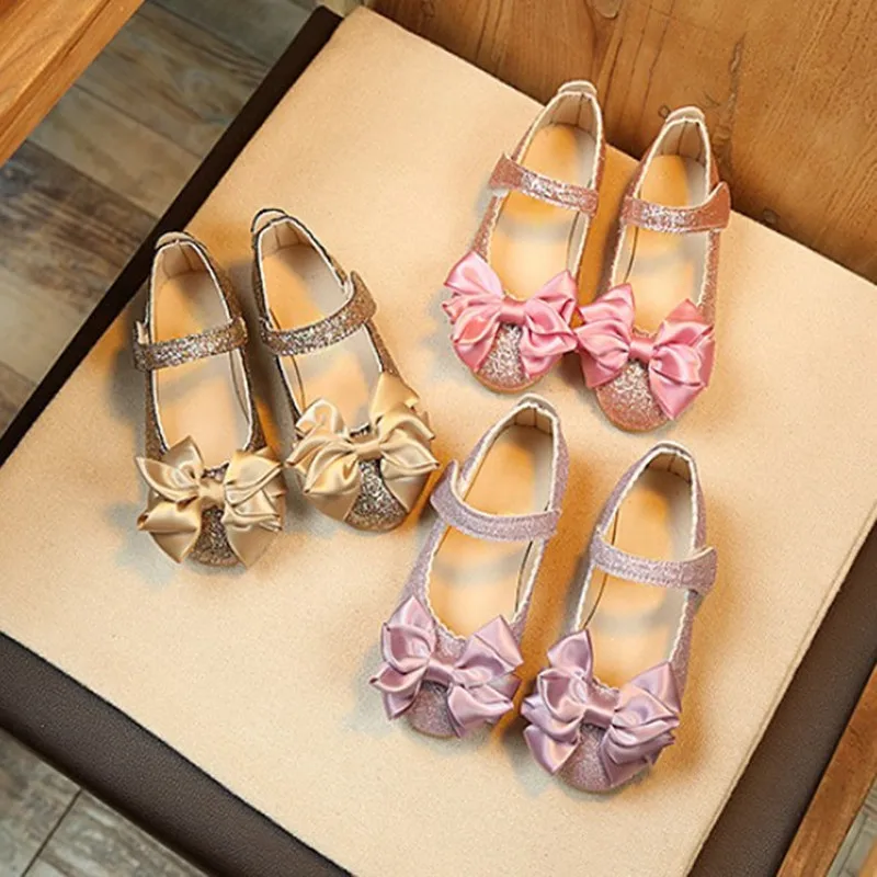 

New Girls Leather Shoes Children Shoes Fashion Comfortable Kids Bowknot Sequins Rhinestone Birthday Party Princess Shoes F12132