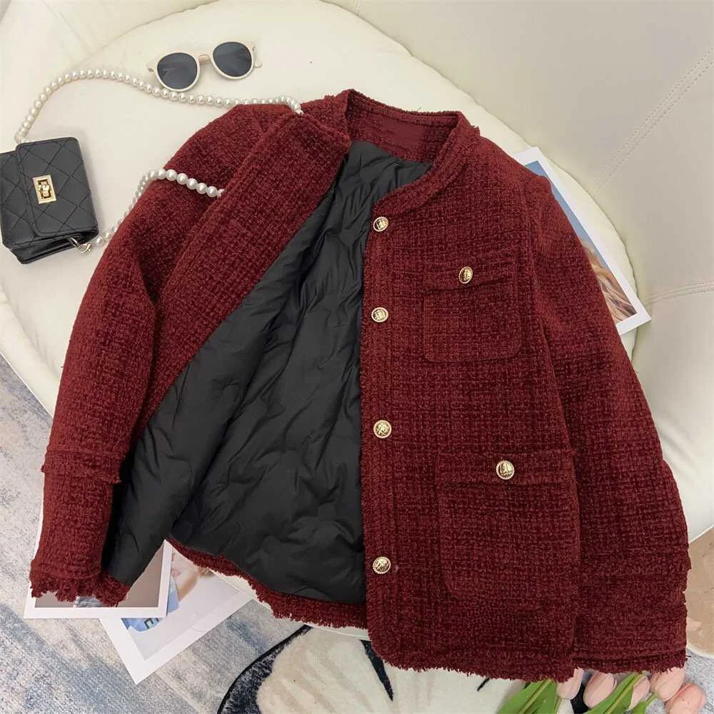 2024 Winter New Red Graceful Down jacket Women Short Thickened White Duck Down Liner Tweed Outerwear Fashion