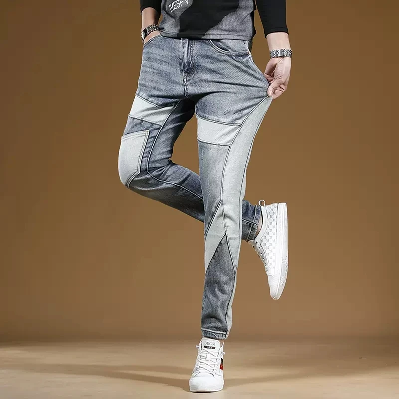 Autumn Men Light Blue Ripped Patchwork Jeans Streetwear Slim Fit Pencil Pants Korean Style Casual Denim Trousers