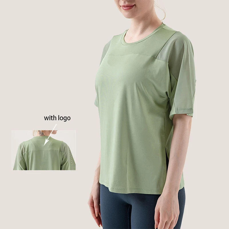 

New Labeled Ladies Fashion Slit Yoga Tops Loose Shapeable Stretch Quick Dry Sports Fitness T-Shirts Casual Street Short Sleeves