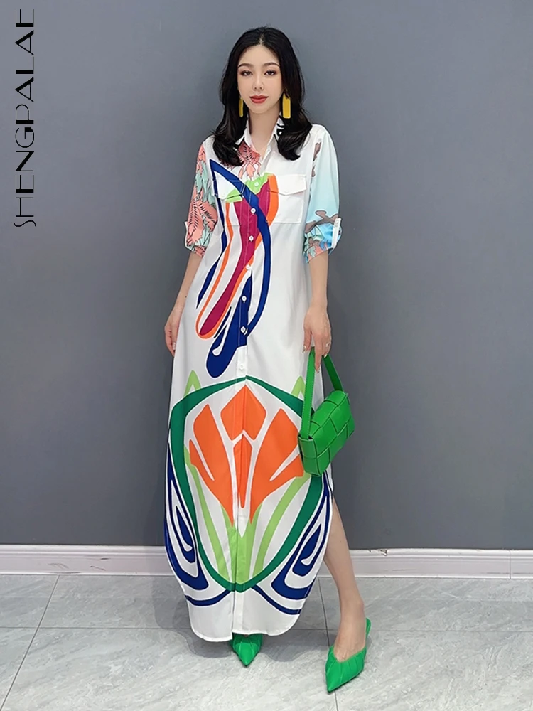 

SHENGPALAE корейское повседневное свободное платье-рубашка с отворотом элегантное шикарное платье с коротким рукавом для женщин 2023 летняя нова...