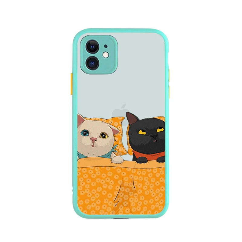 

FHNBLJ Black and white cartoon cat Phone Case for iPhone X XR XS 7 8 Plus 11 12 13 pro MAX 13mini Translucent Matte Case