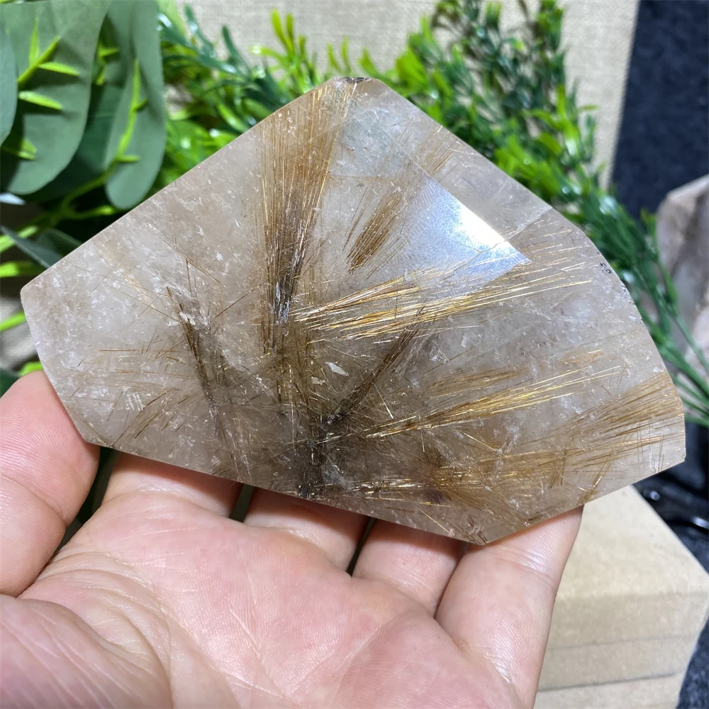 

Gold Rutilated Natural Stone Quartz Hair Crystal Polyhedral Mineral Energy Reiki Healing Feng Shui Home Decor Palm Gift