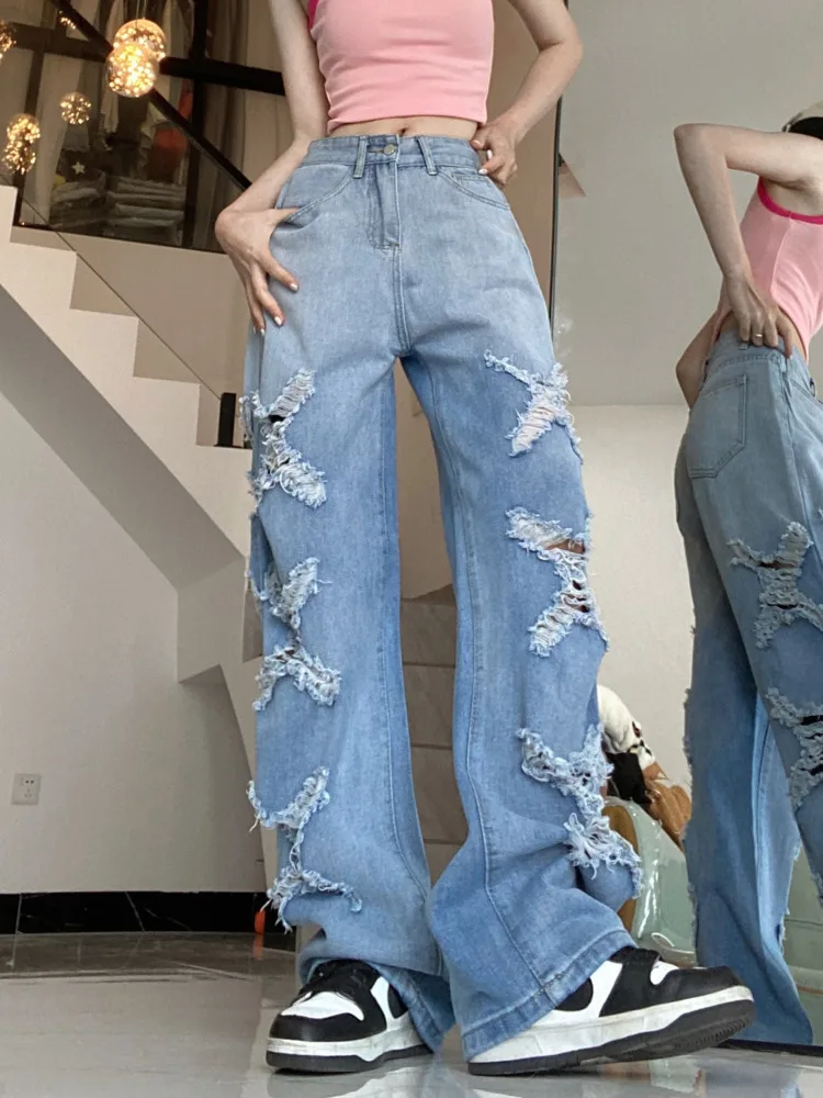 

2023 уличные хип-хоп порно Джинсы женские летние стандартные синие прямые брюки с высокой талией свободные, тонкие длинные брюки