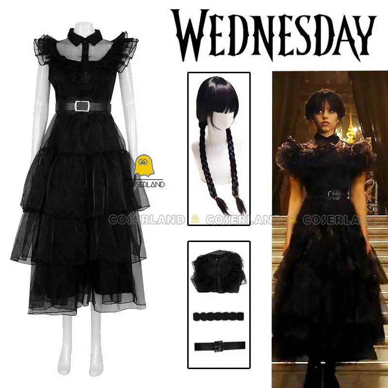 Wednesday Addams Cosplay Prom Dress Costume Wig Black Dance Gauze Dress Vintage Gothic Dance Party Outfit Women Girls Christmas