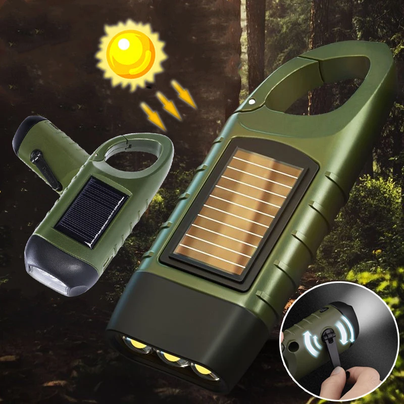 

LED Flashlight Rechargeable Hand Crank Solar Powered Survival Gear Self Powered Charging Torch Dynamo for Fishing Boating Hiking