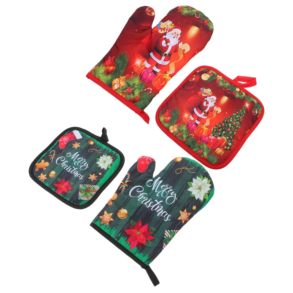 

2 sets of Christmas Heat Resistant Glove Kitchen Baking Glove Pot Holder Oven Mitts