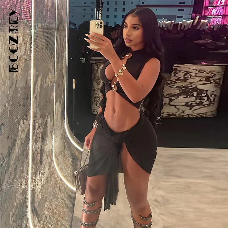 

BoozRey 2023 Summer Women's Beach Holiday Style Asymmetrical Sexy Hollow Backless Slit Tight Fitting Sleeveless Mini Skirt Suit