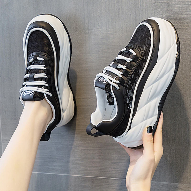 6CM Special Air Mesh Fashion Genuine Leather Comfy High Brand Breathable Chunky Sneaker Spring Summer Platform Women Wedge Shoes