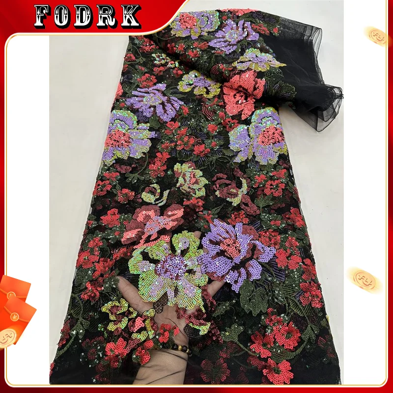 

High Quality Embroidery Nigerian Lace Fabric Sequins Lace Fabrics African French Tulle Mesh Lace For Sewing 5Yards
