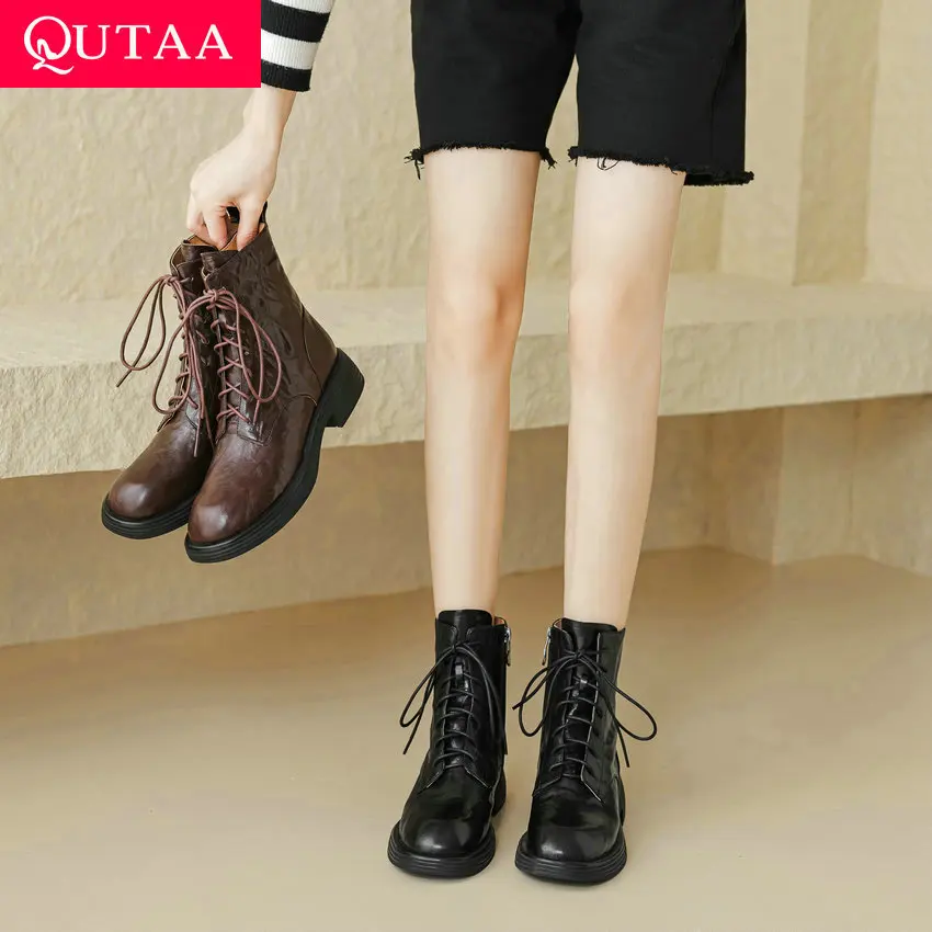 QUTAA/2024 женские ботильоны из натуральной кожи осенне-зимняя обувь с перекрестной