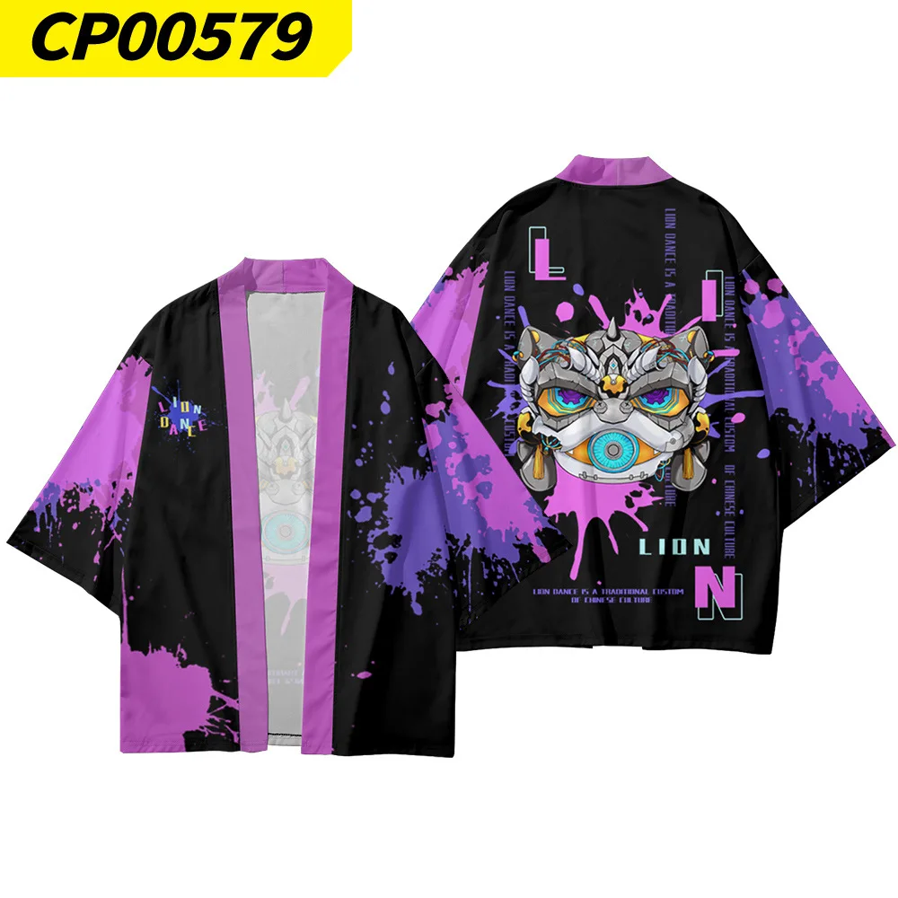 

Japanese Cardigan Wake Up Lion Print Women Men Cosplay Yukata Clothing Harajuku Kimono + Pants Sets Chinese Style Two-Piece Suit