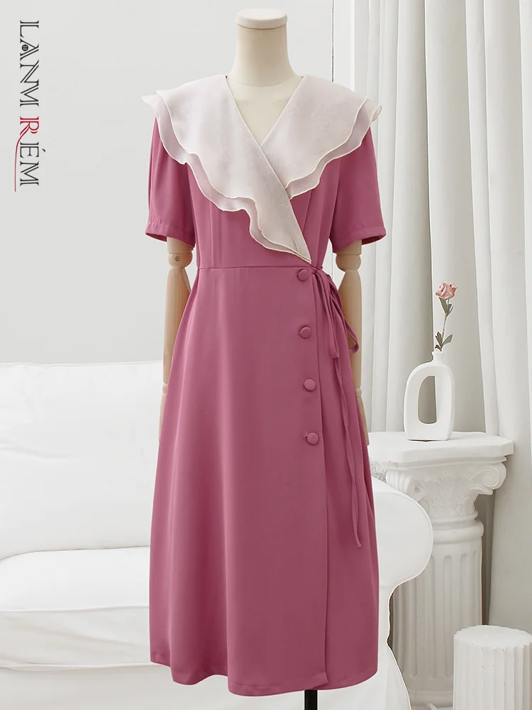 

LANMREM Spliced Mesh Korean Dress For Women V-neck Short Sleeves Single Breasted High Waist A-line Dresses 2023 New 32D197