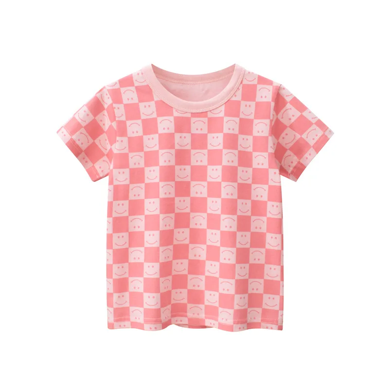 3-11y Kids T Shirts  Summer Girls Short Sleeve O-neck Plaid Pink Color Children Tops Tees T-shirt Clothes H14