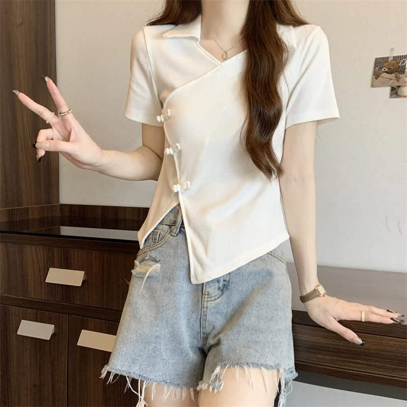 Jigu Plus size Short sleeve T-shirt Chubby Girl Summer Unique Chic Retro Chinese Sle Buckle Top