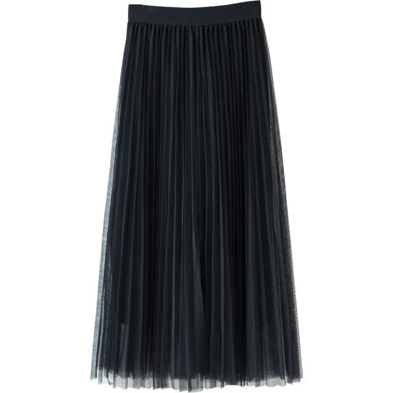 

Summer 2022, black, gray and pink, women's long pleated tulle skirt, high waist elastic skirt