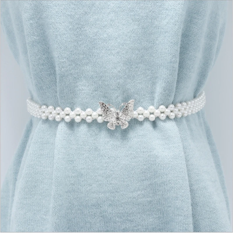 

Elegant Women Pearl Belt Waist Belt Elastic Buckle Pearl Chain Belt Female Girls Dress Crystal Strap