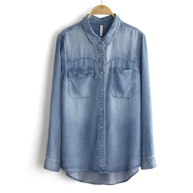 Женская прямая повседневная джинсовая рубашка с асимметричным карманом спереди