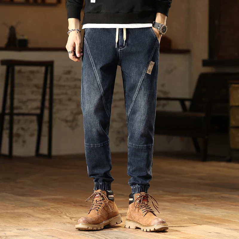 Autumn and Winter Jeans Men's Personality Fashion Brand Slim Fit Elastic Waist Tied Leggings Elastic Casual Young Men's Pants