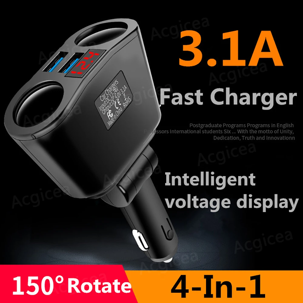 

3.1A Dual USB Car Charger with LED Display Cigarette Socket Lighter Charger For iPhone Xiaomi Samsung 4 in1 Phone Adapter in Car