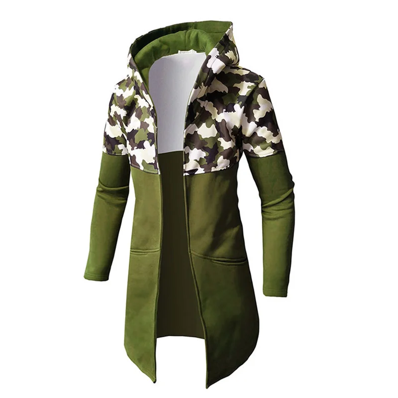 

Camouflage Men's Long Hoodies Patchwork Casual Fashion European Style Silm Hooded Coat Four Seasons Cotton Male Long Cardigans
