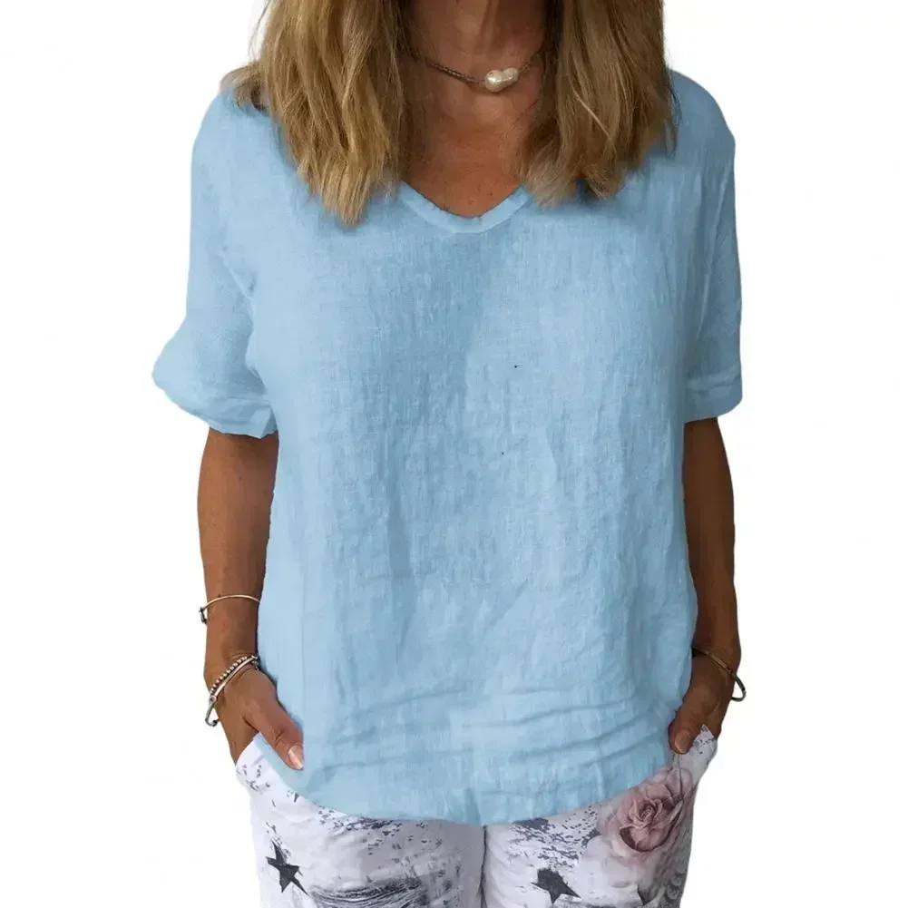 Женский свободный однотонный топ из хлопка и льна с v-образным вырезом короткими