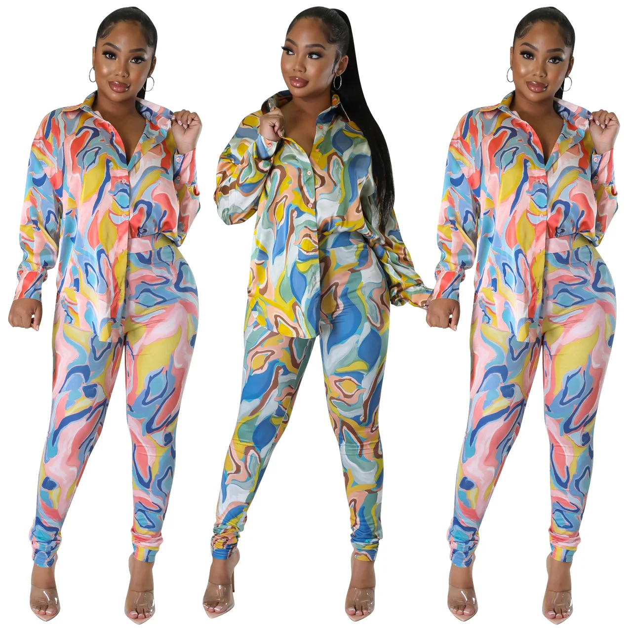 

2022 New Arrival Fashion Design 2 pcs Women Set Patchwork Turn-down Collar Blouse Long Pants Casual Elastic Outfits