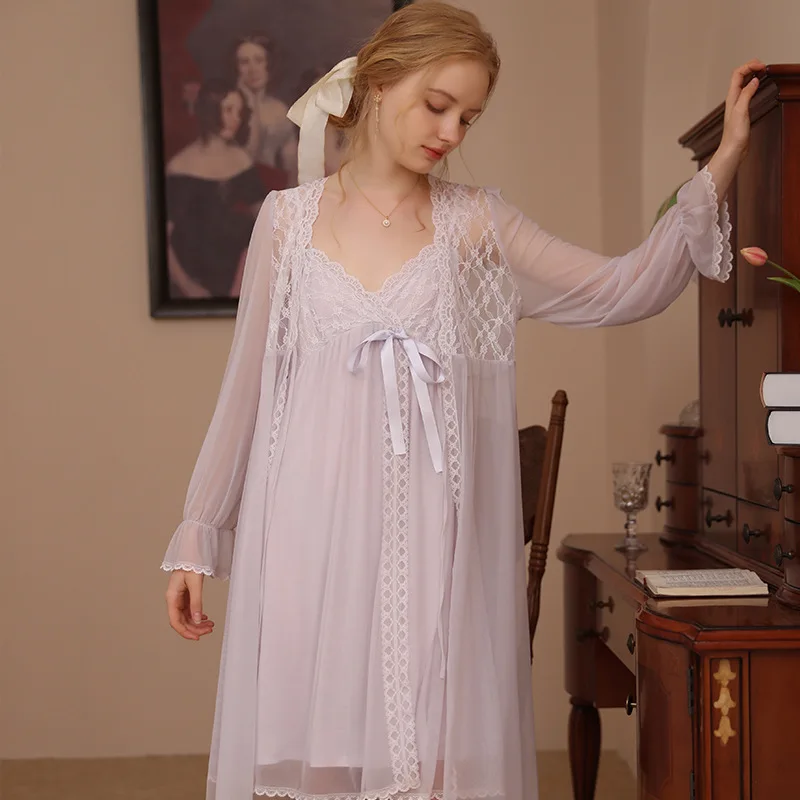 

New French Nightdress Summer Two-piece Suit Short Mesh Sexy Female Sling Pajamas Thin Long Sleeve Home Clothes Solid Robe Sets
