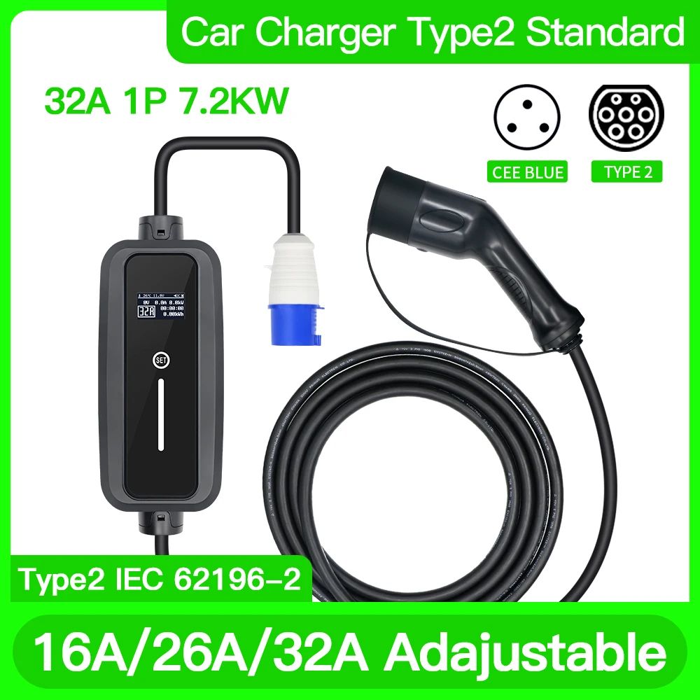 

EV Charger Level 2 Evse Wallbox Adjustable Type 2 IEC 62196-2 7.2KW 16A 26A 32A 1 P CEE BLUE PLUG for Electric Vehicle Cars 5 M