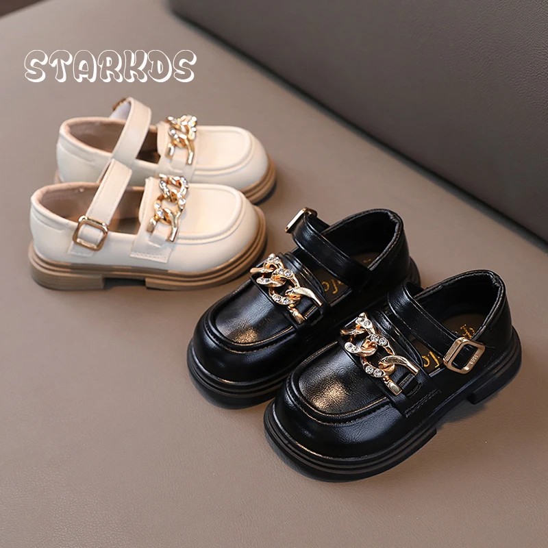 

Elegant Metal Chain Loafers Toddler Girls Soft Wide Toe Mary Janes Baby Kids Autumn Leatherette Flat Shoes With Buckle Strap