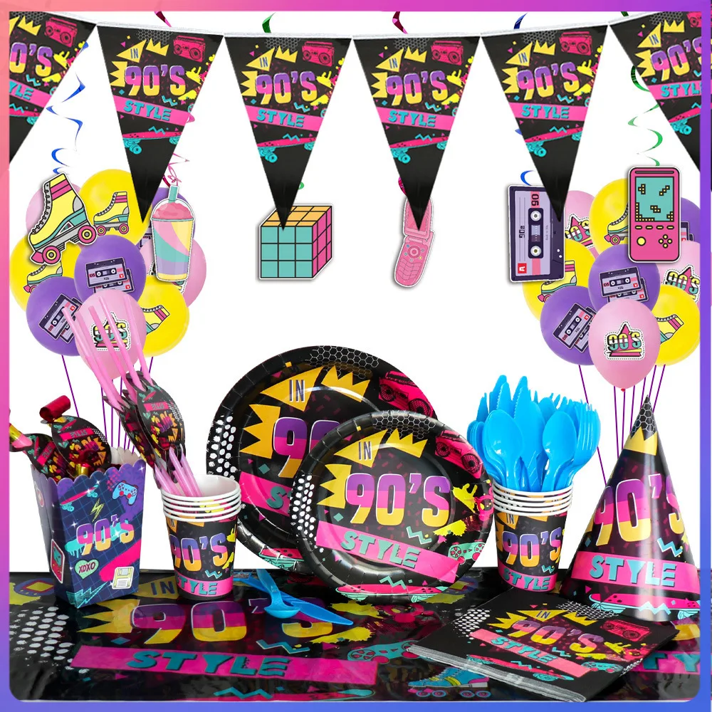 

Popular 90's Theme Tableware Set Decoration Banner Paper Cup Plate Tissue Hip Hop Disco Disposable Birthday Party Set Supplies