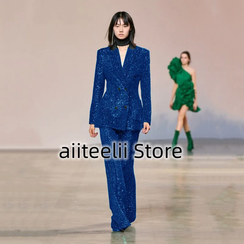 Women's Suit 2 Piece Set Sexy Sequins Retro Spike Lapel Fashion Slim Double Breasted Floor Length Trousers For Casual Party 2023