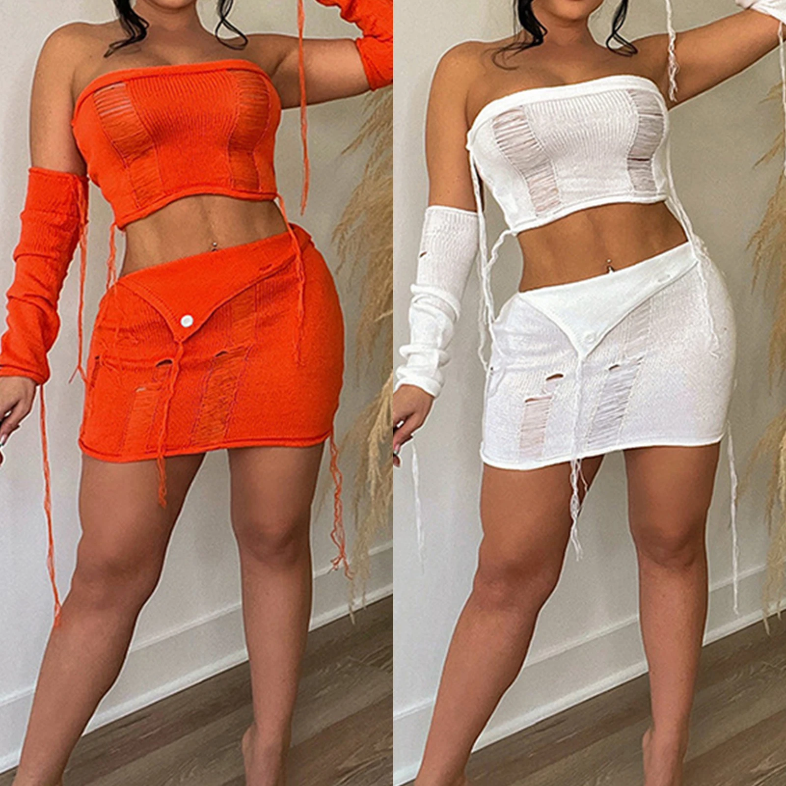 

Women Tube Top Bodycon Short Skirts Ladies Knit Crop Tops Mini Skirts Solid Color Navel Exposed Y2k Style Clubwear Clothing