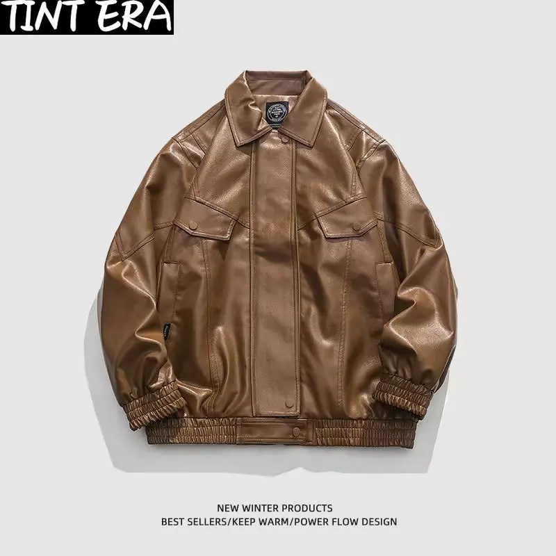 Куртка мужская Кожаная Мотоциклетная винтажная Свободная куртка из