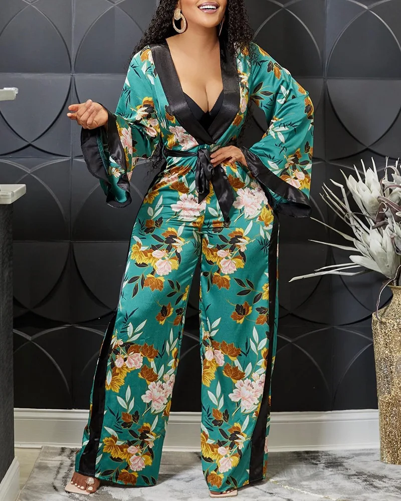 

Women Casual Green Print Long Sleeves Jumpsuit Loose Long Overalls Trousers Pockets Bib Pants Summer Fashion Romper