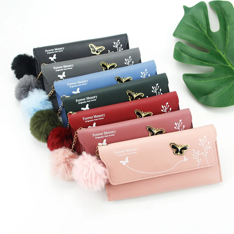 

New Fashionable Women Long Wallets Pure Color Wool Ball Bow Clutch Bag Card Bag Coin Purse Standard Wallets PU Solid Polyester