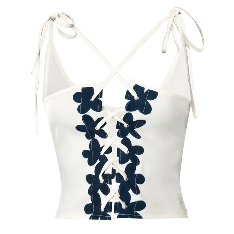 

Newest Arrival Women Summer Skinny Sling Vest White Sleeveless Backless Floral Embroidery Bandage Camisole