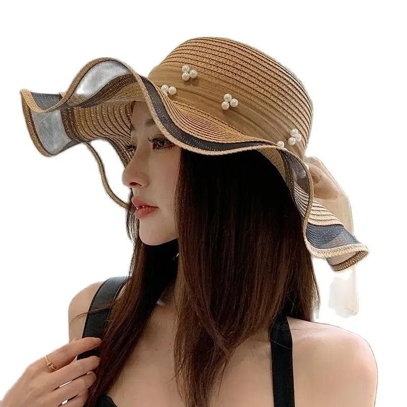 

Шляпка от солнца Женская с широкими полями, Милая Кружевная Панама от солнца с плиссированными бусинами rickrock, для отдыха, летняя пляжная