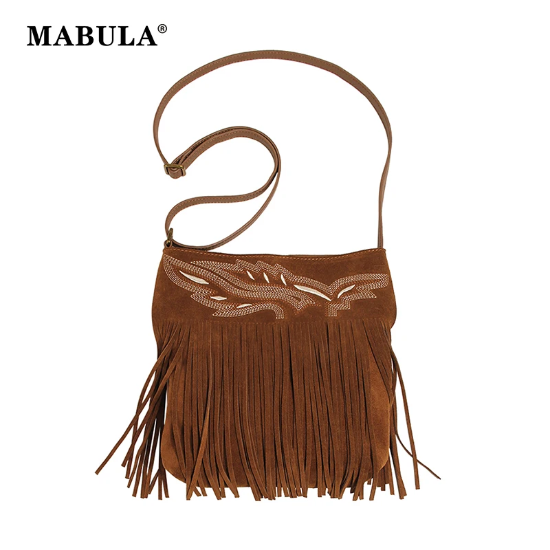 

MABULA Fringe Tassel Genuine Suede Messenger Bag for Women Hippie Hobo Shoulder Purse Country Style Western Crossbody Handbag