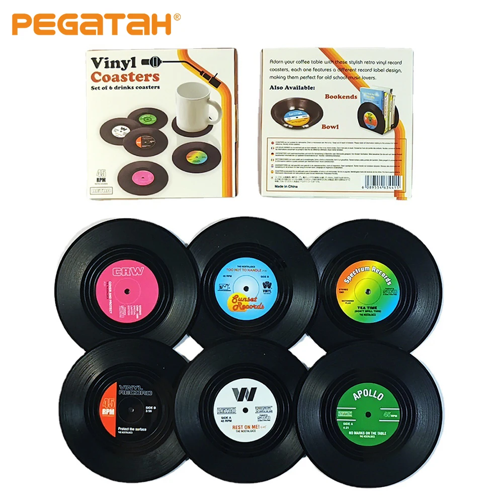 

Record Cup Coaster Anti-slip 6pcs Retro Vinyl Coffee Coasters Heat Resistant Music Drink Mug Mat Table Placemat Home Decor