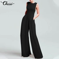 celmia women pleated jumpsuits 2022 fashion casual summer pockets long rompers sleeveless slim elegant wide leg pants overalls
