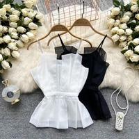 women tank top white black transparent outfit camis sexy slim ruffle tanks organza leaves sexy irregular ruched crops tops new