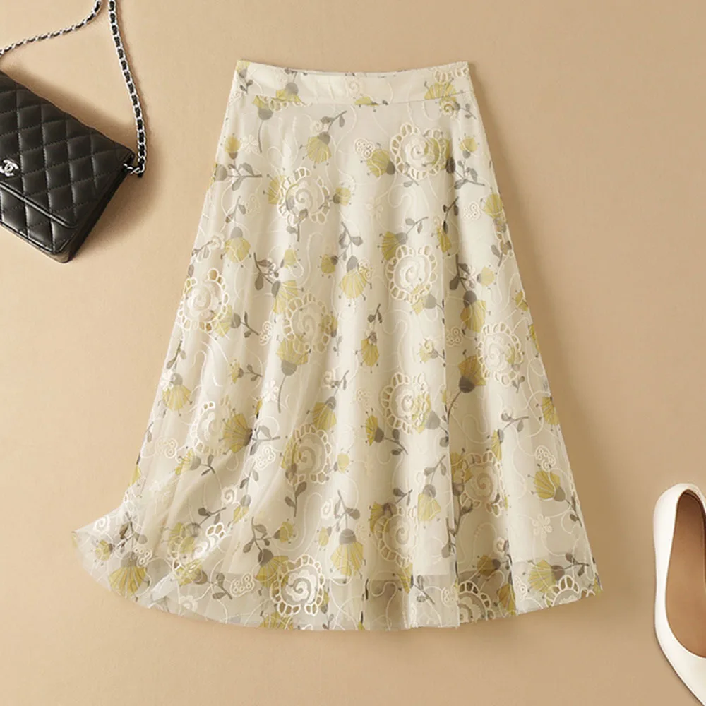 

High-quality Summer New Mesh Skirt Womens French Hollow Embroidery High Waist A-line Casual Skirts 2022 Ladies Elegant Skirt