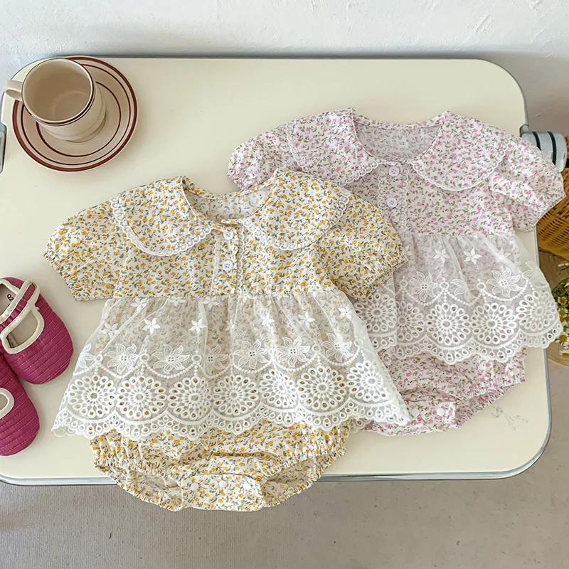 

Летняя одежда для маленьких девочек, комбинезон для маленьких девочек с коротким рукавом, Детский комбинезон с вышивкой и кружевом для новорожденных