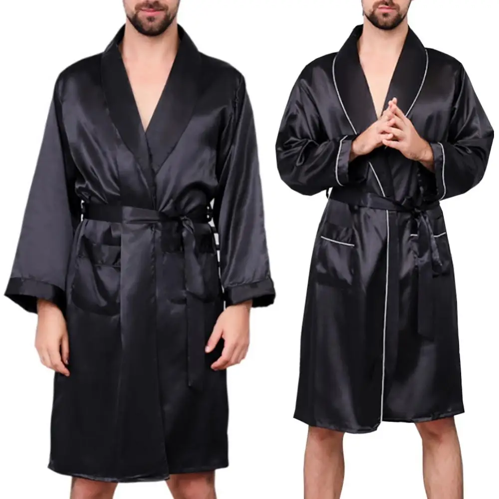 

Men Bath Robe Black Lounge Sleepwear Silk Nightwear For Men Comfort Silky Bathrobes Noble Dressing Gown Men's Sleep Robes