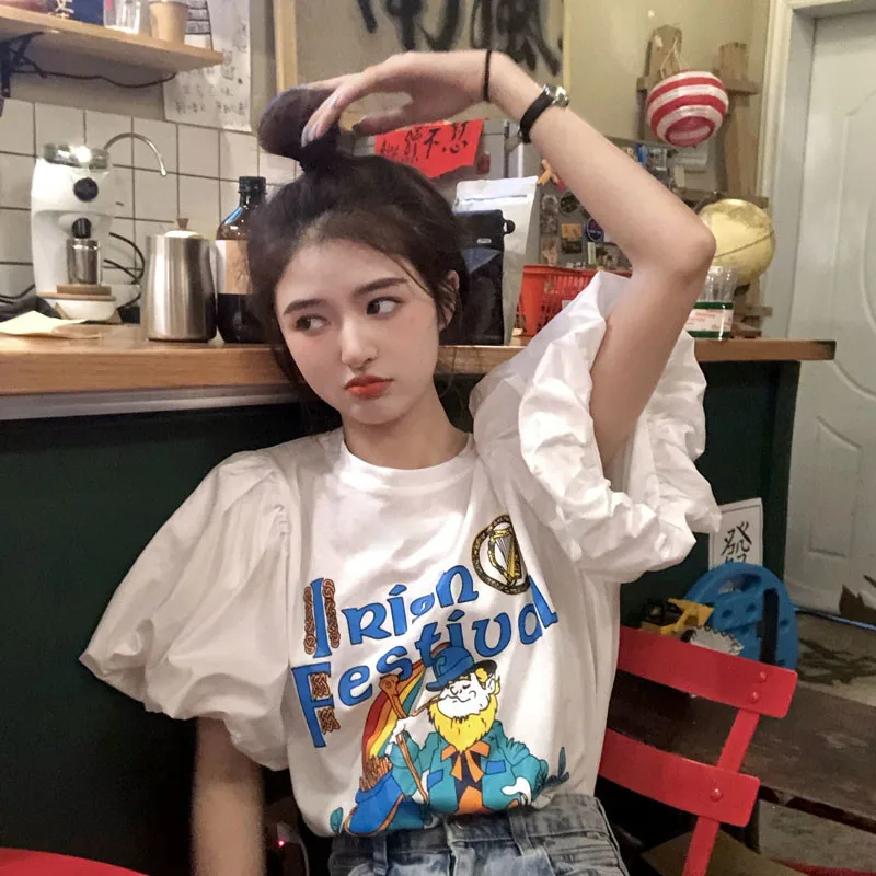 

Футболка женская с круглым вырезом, модная тенниска с большими пышными рукавами, милая рубашка с мультяшным принтом, милая повседневная май...